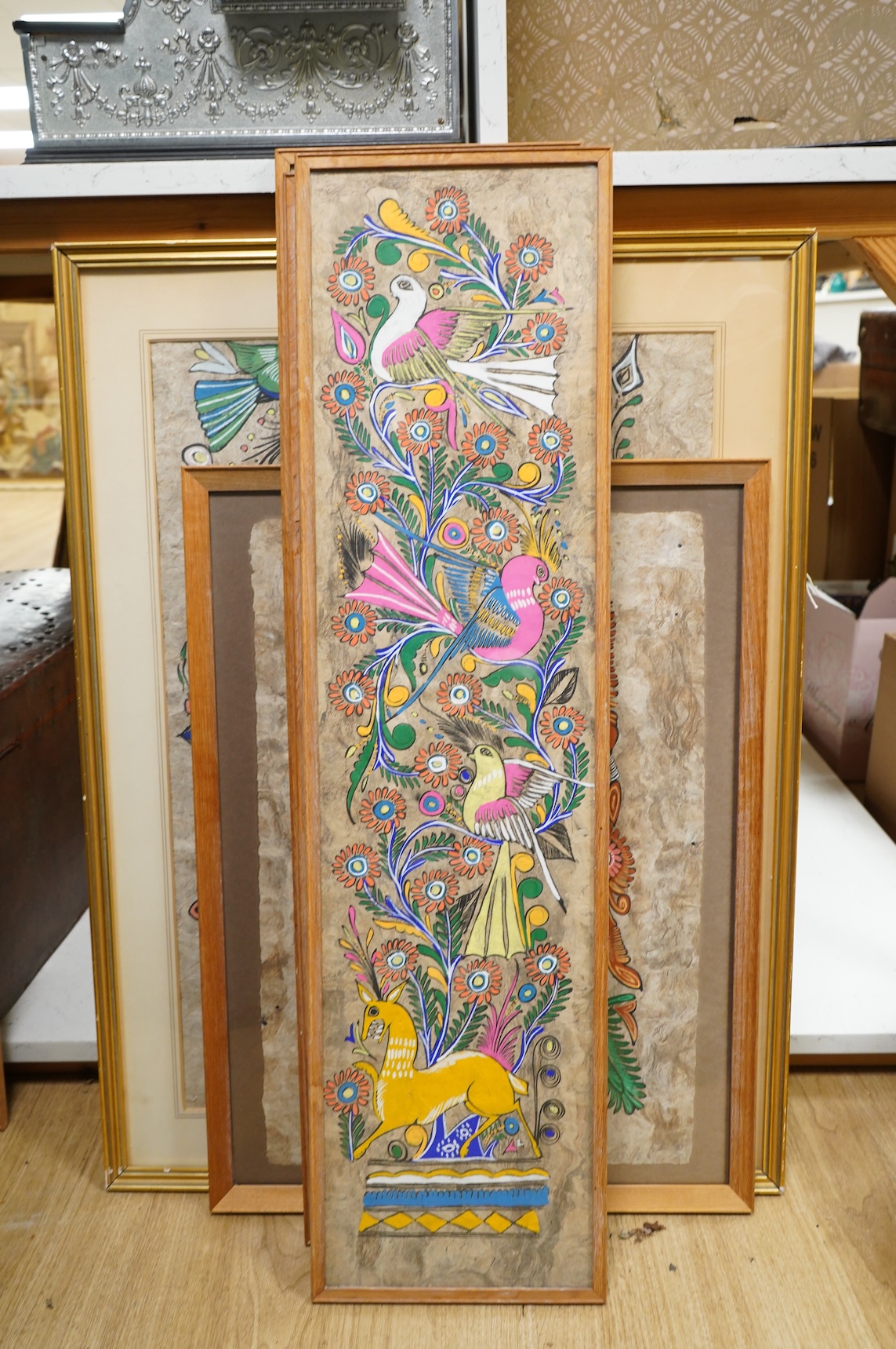 A collection of six Far Eastern decorative studies depicting exotic birds amongst flowers and blossom, gouaches, largest 70 x 49cm